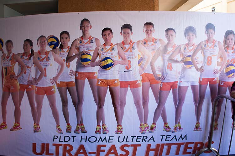 A banner featuring members of the PLDT Home Ultera Ultra Fast Hitters is posted outside the FilOil Flying V Arena in Game 3 of the Shakey’s V-League Open Conference finals. 