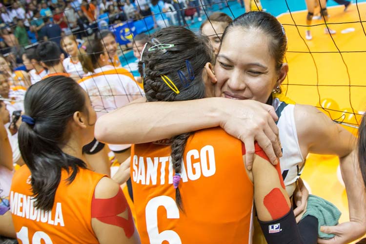 The PLDT HOME Ultera Ultra-Fast Hitters hugged it out with the Philippine Army Lady Troopers, showing great spirit and camaraderie regardless of the outcome.