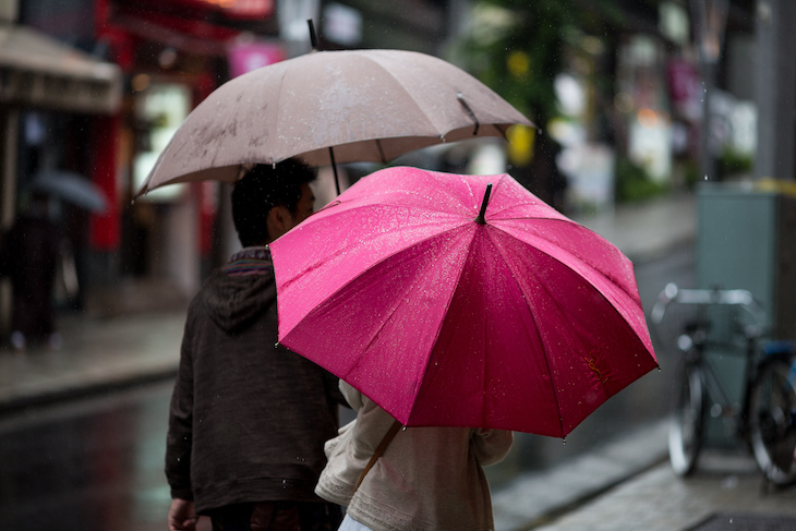 Couple with umbrellas on a rainy day