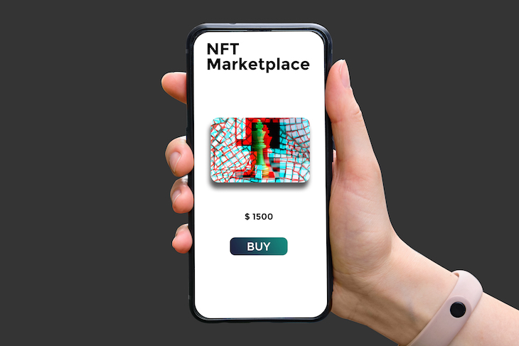 Hand holds smartphone with cryptographic NFT marketplace art sale