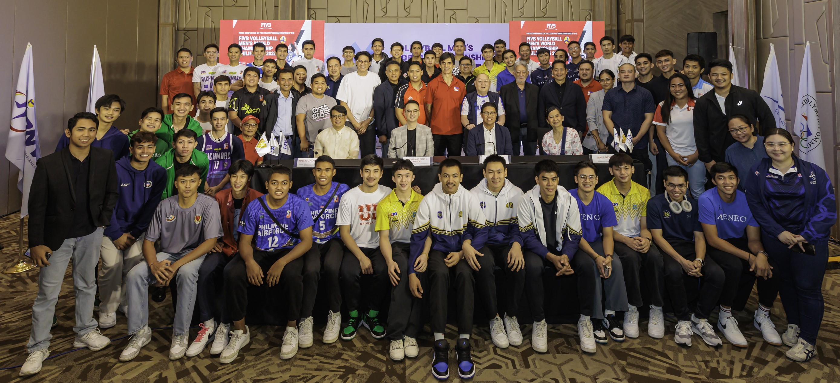 DOT Office of Film and Sports Tourism Director Roberto Alabado III, Sen Alan Peter S. Cayetano, PNVF President Ramon Suzara, and MediaQuest Holdings Inc. and Cignal TV President and CEO Jane Jimenez Basas pose with top UAAP, NCAA men’s volleyball players at the 2025 FIVB Men's World Championship press event.
